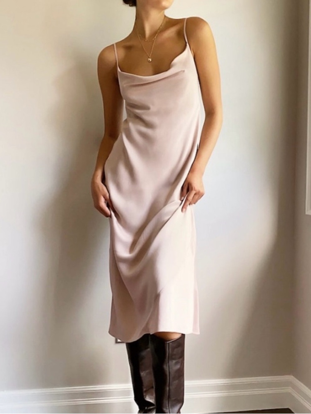 Wilfred Aritzia Blush Canto Satin Midi Slip Dress Pale Pink Minimalist Silk Look